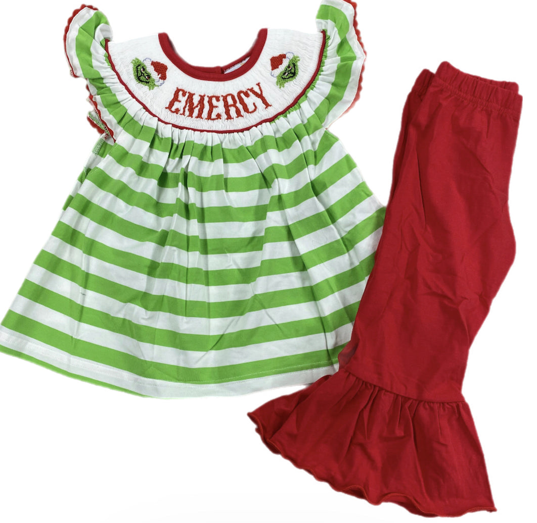 Rts Girls Grinch Name Smock Pant Set Emercy Busy Bee Smocks