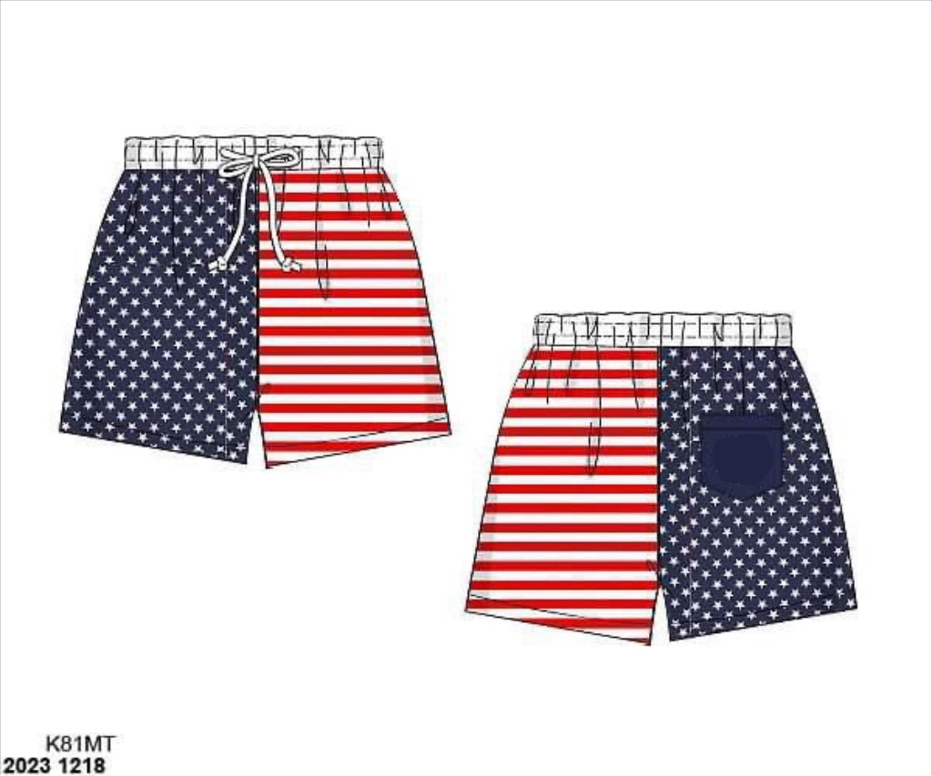 RTS: Stars & Stripes Swim- Boys/Dads Star Woven Angled Shorts (No Monogram)