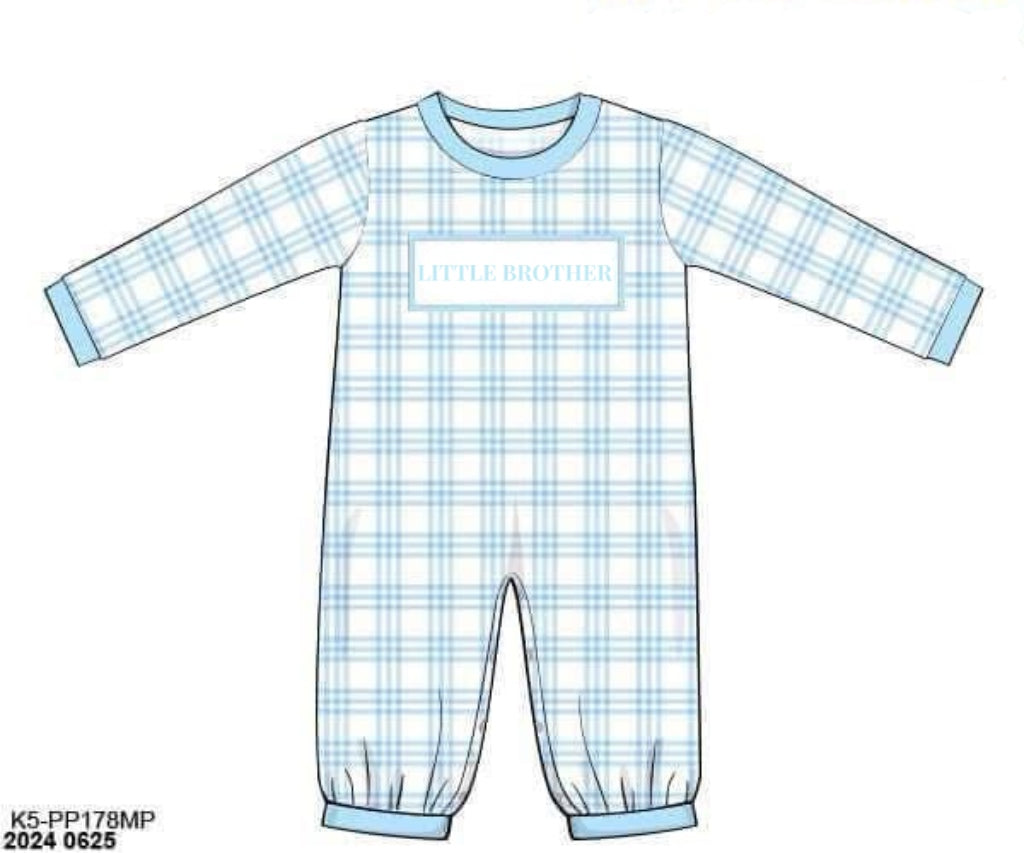 RTS: Custom Sibling Smocks- Boys Plaid Knit Romper “Little Brother”