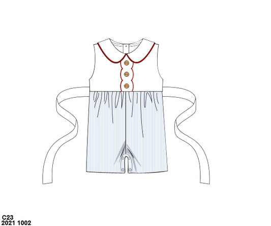 RTS: Anna O’ Lane- Button Romper in Blue Preppy Pinstripe