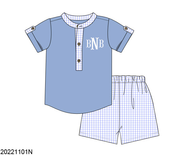 Pre Order 116: Azure Floral & Check - Boy Angled Short Set