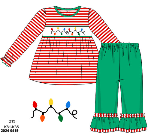 RTS: Smocked Christmas Lights- Girls Knit Pant Set