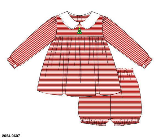 RTS: Embroidered Christmas Tree- Girls Knit Bubble Short Set