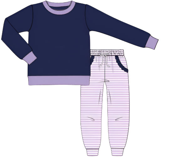 RTS: Knit Jogger Sets- Girls Chain Stitch Navy & Lavender Stripe (Without Monogram)