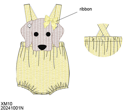 Pre Order 116: BBS Spring Puppy- Girls Yellow Seersucker Sunsuit