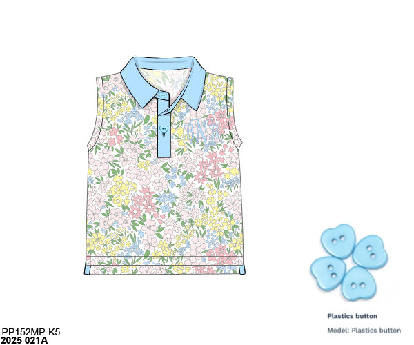 Pre Order 123: Girls Formal Mix & Match- Knit Blue & Pink Floral Polo Tank