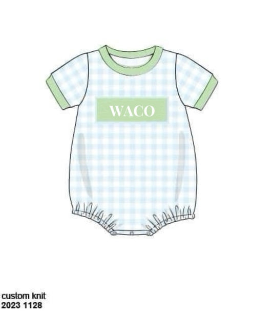 RTS: Summer Name Smocks- Boys Gingham Knit Bubble “Waco”