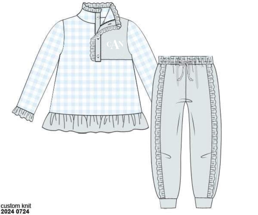 RTS: Knit Jogger Sets-Girls Sage & Asher Blue Check “CAN”