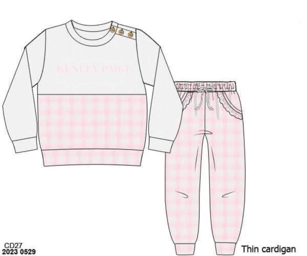 RTS: Pink & Blue Check Cardigans- Girls French Knot Jogger Set “KENLEY PAIGE”