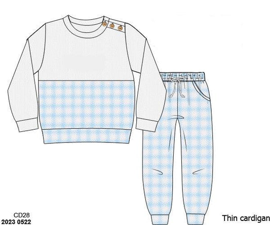 RTS: Blue & Pink Check Cardigan- Boys French Knot Jogger Set (No Monogram)