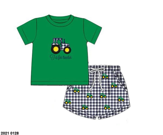 Pre Order 122: Green Tractor- Boys Knit Shortie Set