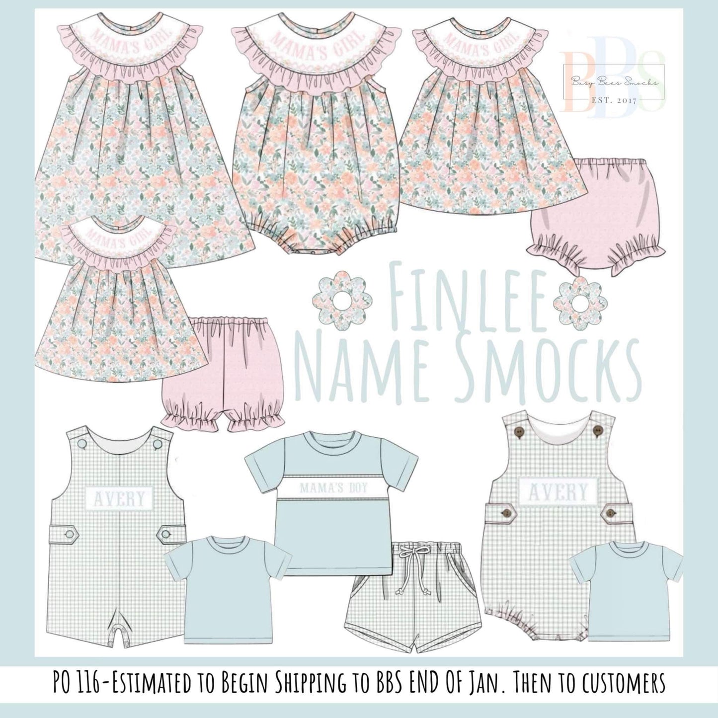 Pre Order 116: Finlee Name Smocks- Boys 2pc Woven Shortall