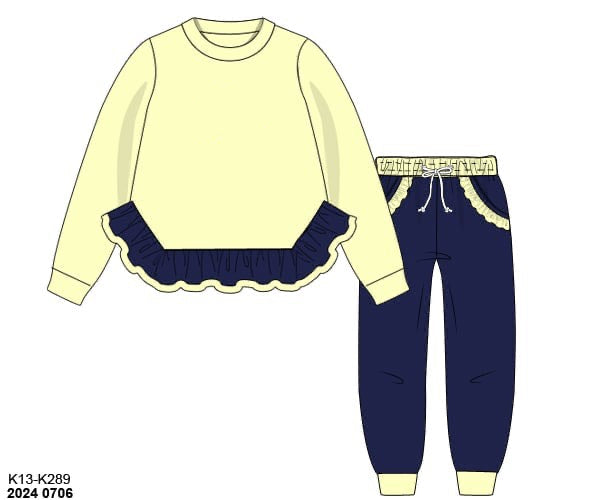 RTS: Knit Jogger Sets- Girls Solid Pale Yellow & Navy (Without Monogram)