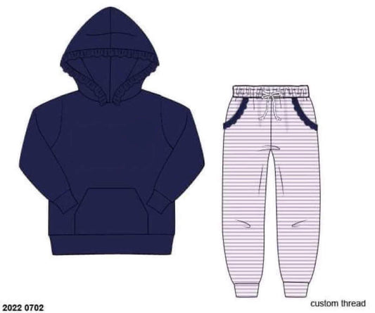 RTS: Knit Jogger Sets- Girls Navy & Lavender Stripe