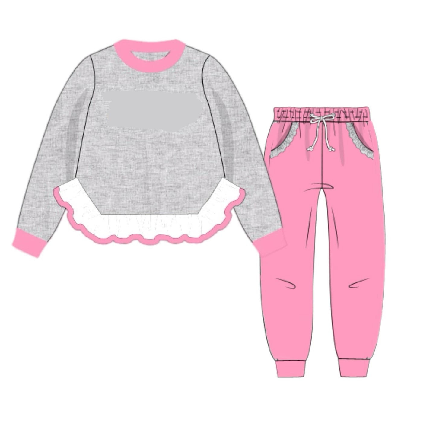 RTS: Knit Jogger Sets- Girls Chain Stitch Solid Gray & Dark Pink (Without Monogram)