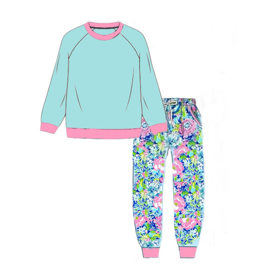 RTS: Knit Jogger Sets- Girls Reid Teal & Luau Floral