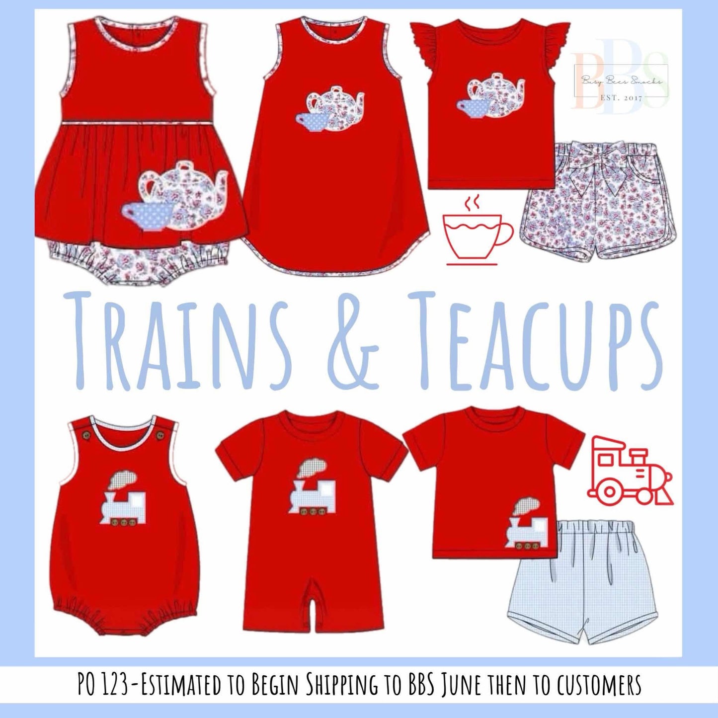 Pre Order 123: Trains & Tea Cups- Boys Woven Shortie Set