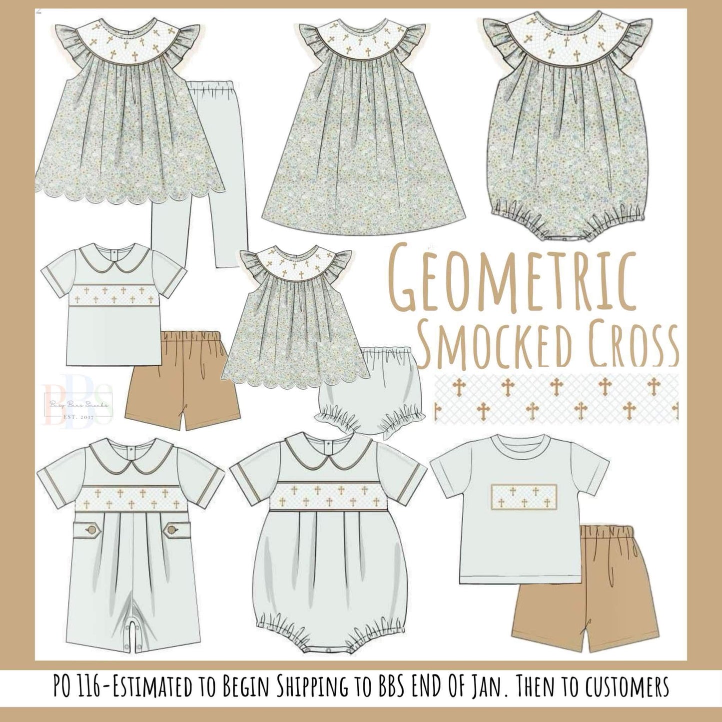 Pre Order 116: Geometric Smock Crosses- Boys Casual Short Set