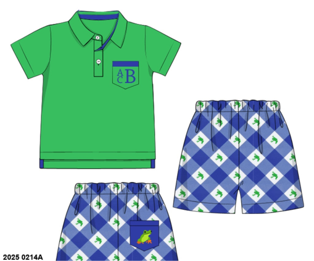 Pre Order 123: Little Green Frogs- Boys Knit Polo Short Set