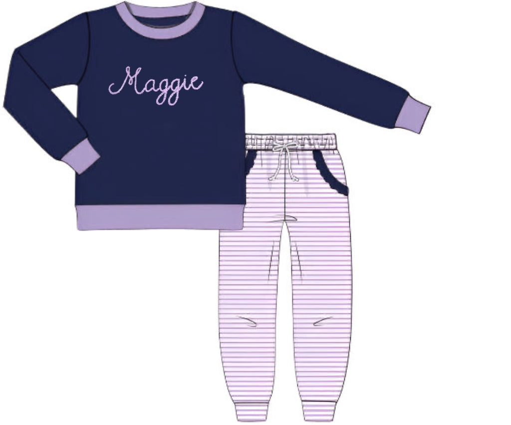 RTS: Knit Jogger Sets: Girls Chain Stitch Navy & Lavender Stripe “Maggie”