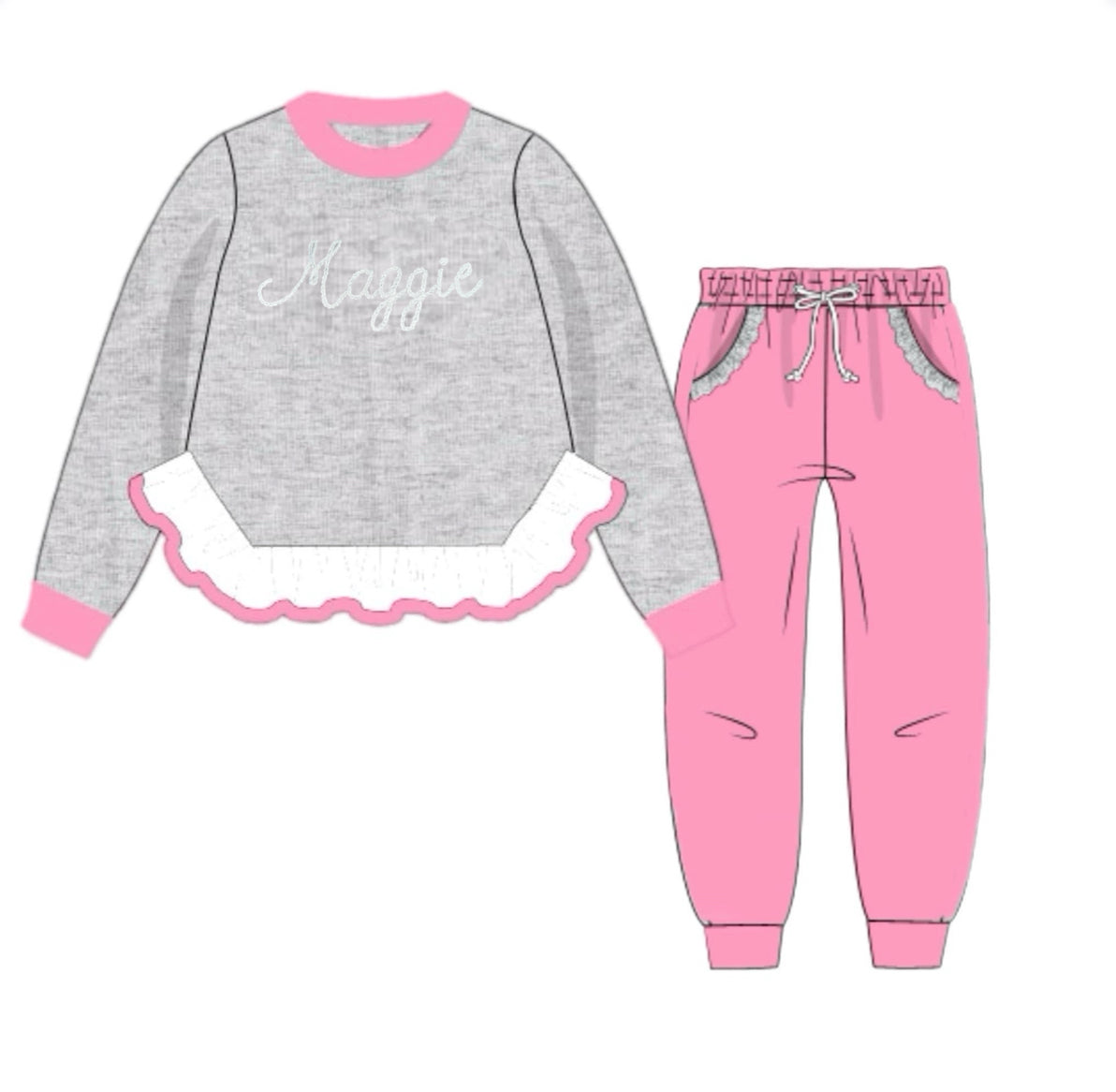 RTS: Knit Jogger Sets- Girls Chain Stitch Solid Gray & Dark Pink “Maggie”