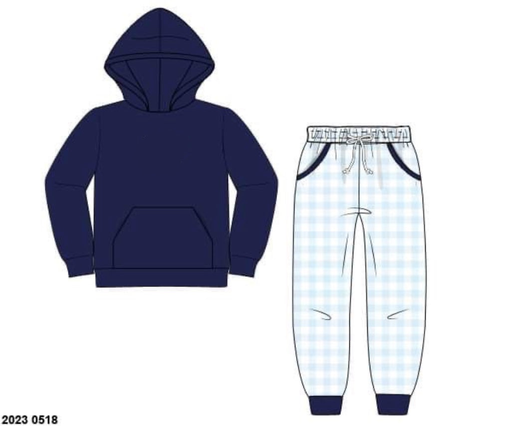 RTS: Knit Jogger Sets- Boys Hooded Navy & Asher Blue Check