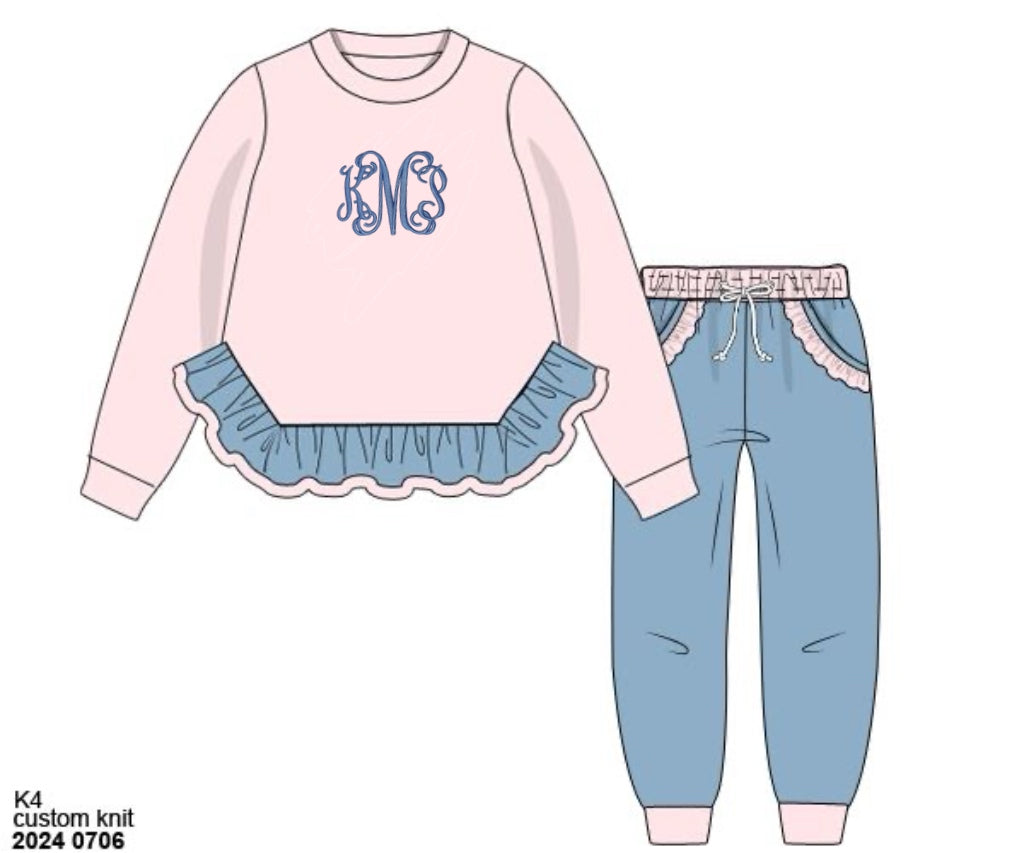 RTS: Knit Jogger Sets- Girls Solid Pink & Cadet Blue “KMP”