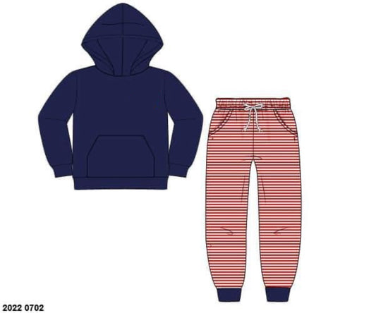 RTS: Knit Jogger Sets- Boys Navy & Red Stripe