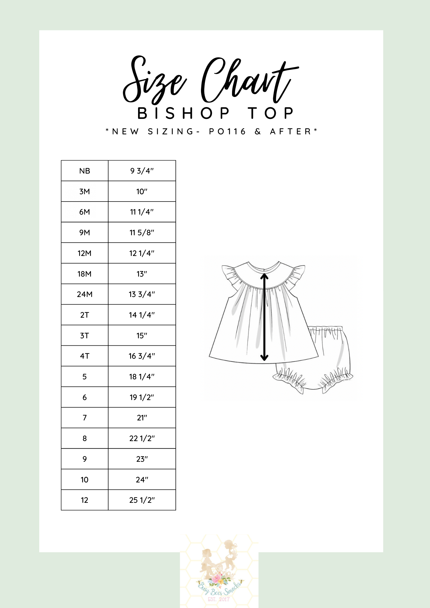 Girls Bishop Top Size Chart