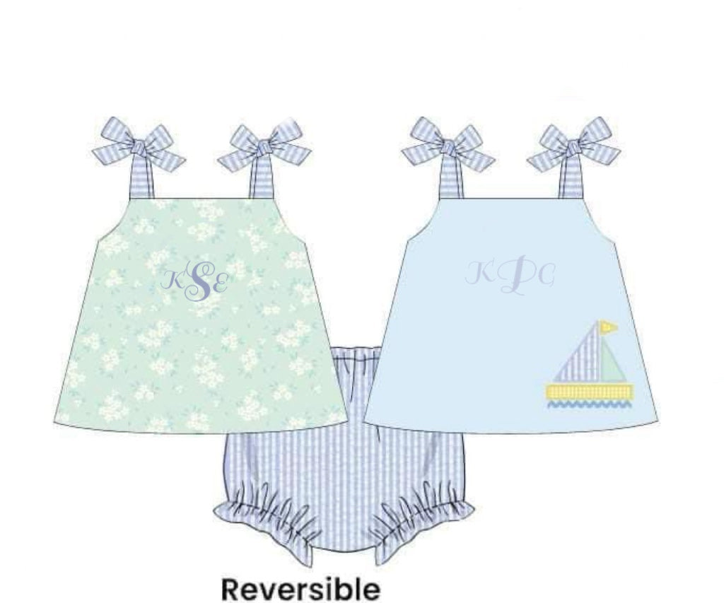 RTS: DEFECT- Choo Choo Boats- Girls Woven/Knit Reversible Diaper Set “KSE, KPG”