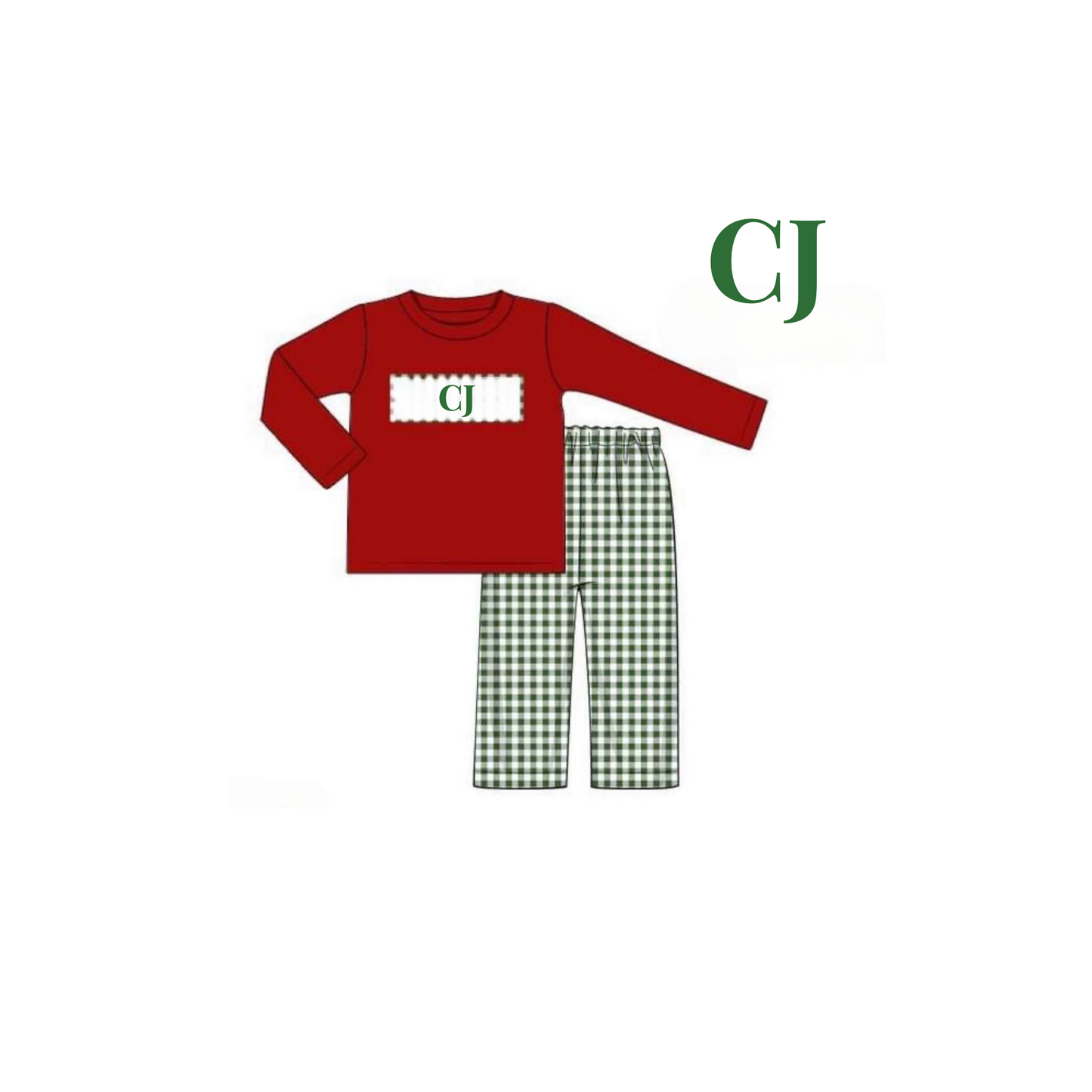 RTS: Christmas Name Smocks- Boys Garnet & Green Gingham Knit Pant Set "CJ"