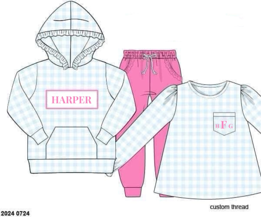 RTS: Winter Trio Packs- Girls Asher Blue Check & Hot Pink Knit Jogger Set “Harper, HFG”