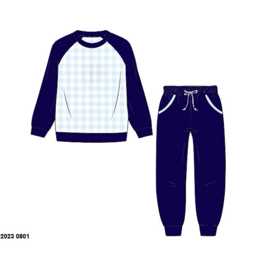 RTS: Knit Jogger Sets- Boys Navy & Asher Blue Check