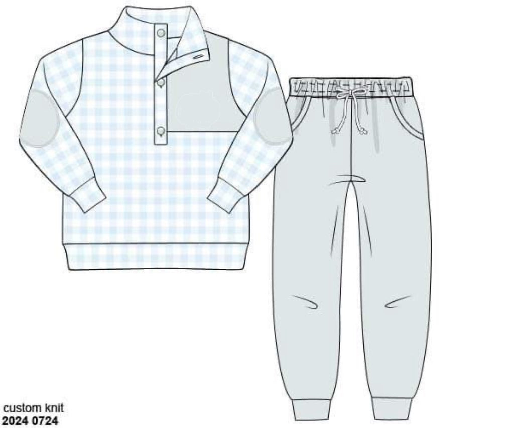 RTS: Knit Jogger Sets- Boys Sage & Asher Blue Check