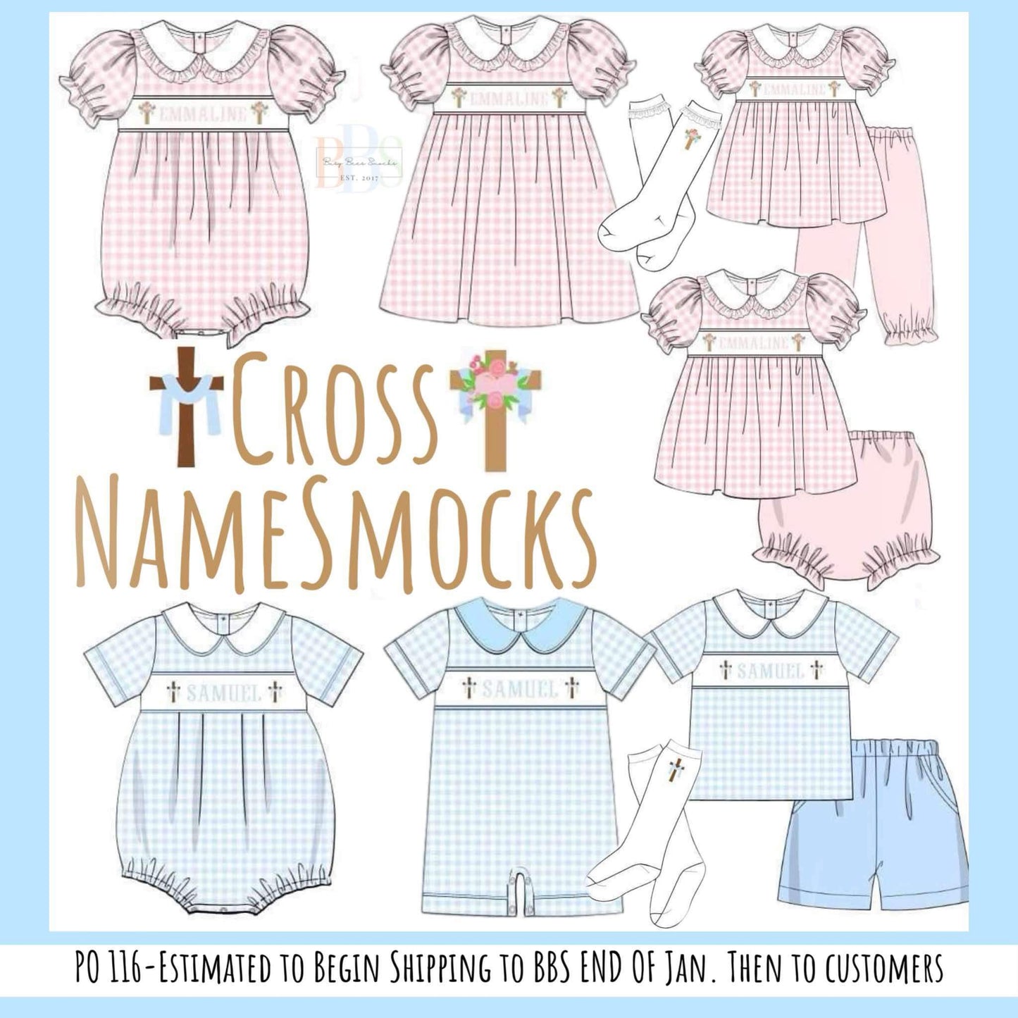 Pre Order 116: Cross Name Smocks- Girls Knit Diaper Set