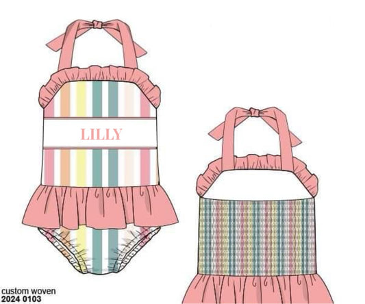 RTS: Jubilee Stripes- Girls Woven Name Smock 1pc Swim “Lilly”