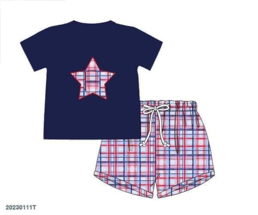 RTS: Liberty Plaid Stars- Boys Woven Shortie Set (No Monogram)