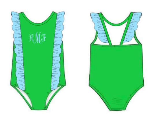 RTS: McCurry Green Swim Collection- Girls 1pc Rash Guard Swim “HMF”