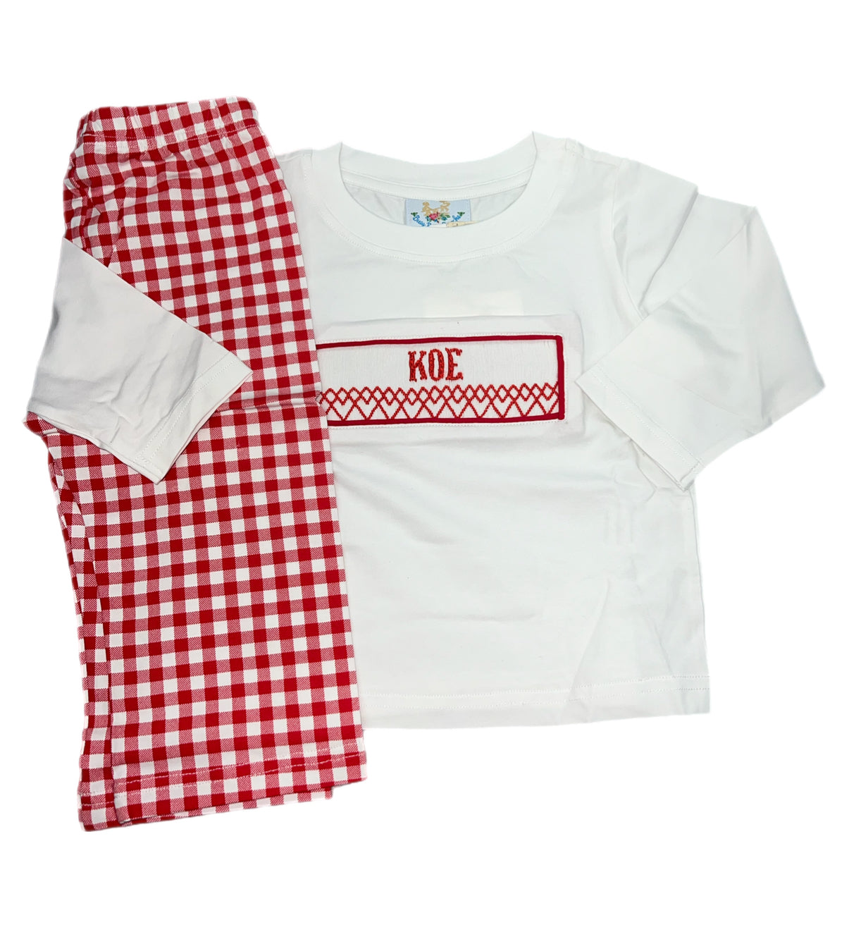 RTS: Christmas Name Smocks-Red Gingham Boy Knit Pant Set “Koe”