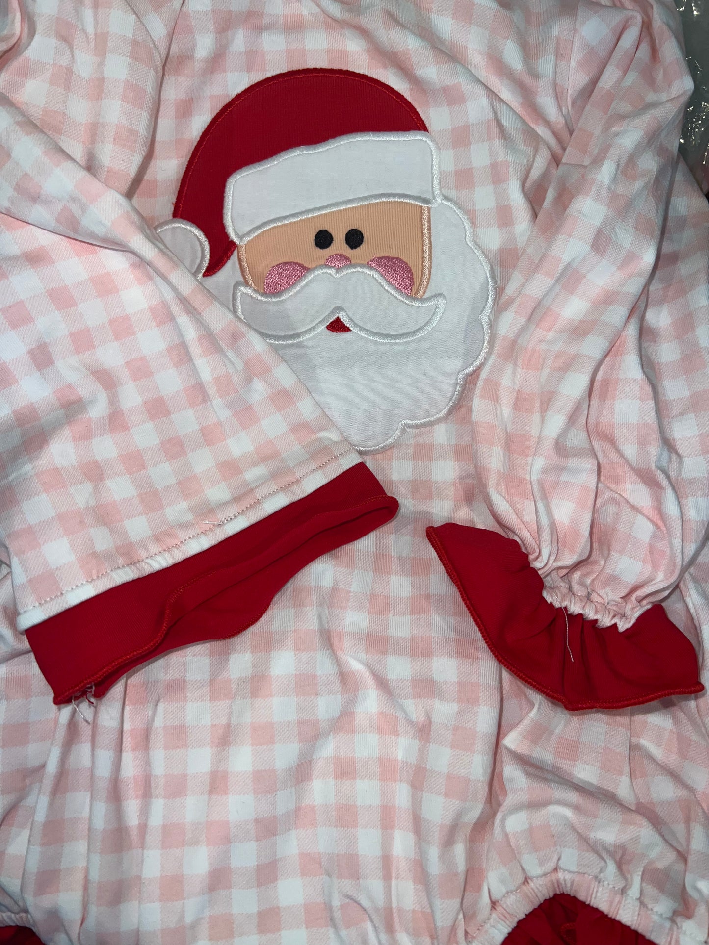 RTS: DEFECT-Sage & Pink Gingham Santa Applique- Girls Knit Bubble