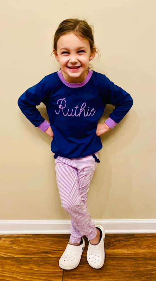 RTS: Knit Jogger Sets- Girls Chain Stitch Navy & Lavender Stripe (Without Monogram)