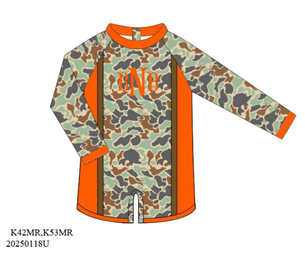 Pre Order 122: Camo Swim- Boys 1pc Rash Guard Swim w/ Orange