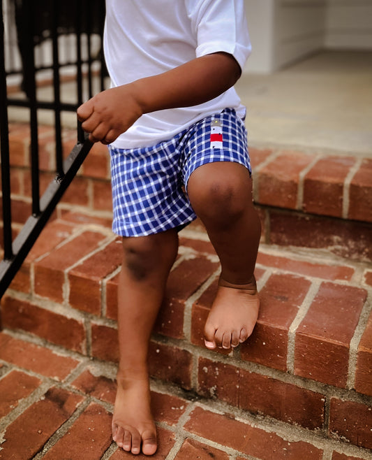 RTS: Anna O’ Lane- Embroidered Lighthouse Shorts in Navy Windowpane Seersucker