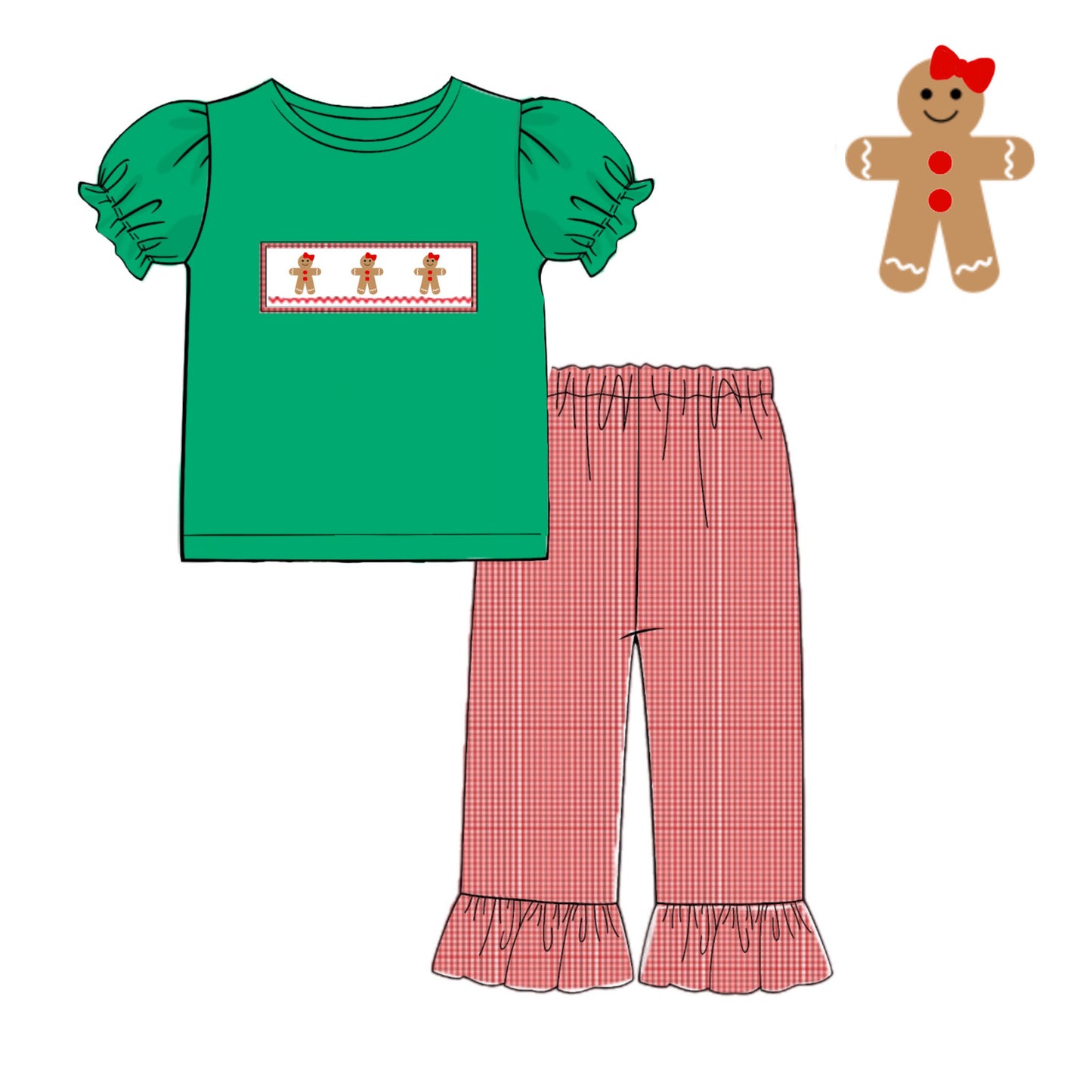 RTS: Girls Green Gingerbread Woven Pant Set