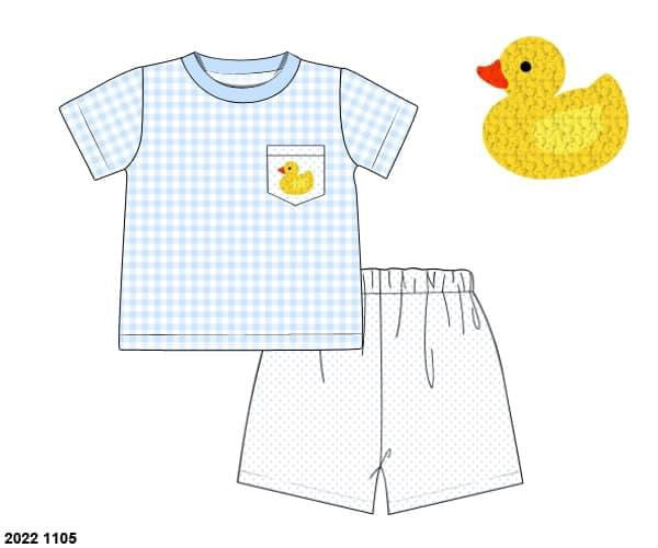 RTS: French Knot Rubber Duckies- Boys Knit Angled Short Set