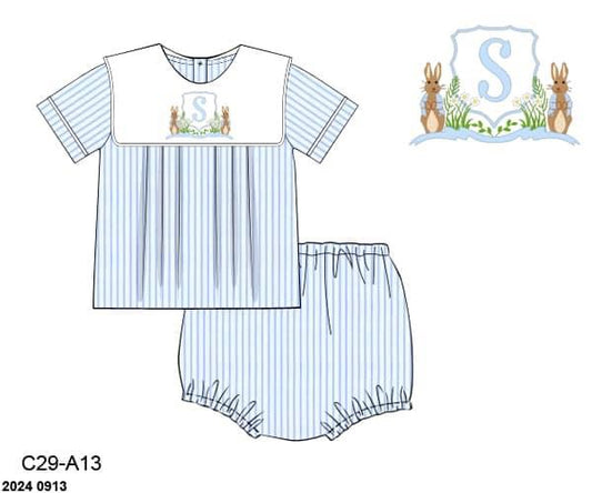 Pre Order 116: Bunny Crest - Boys Woven Diaper Set