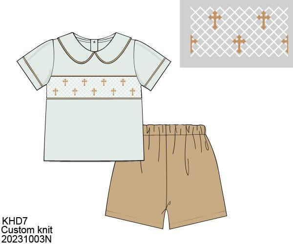 Pre Order 116: Geometric Smock Crosses- Boys Collar Short Set