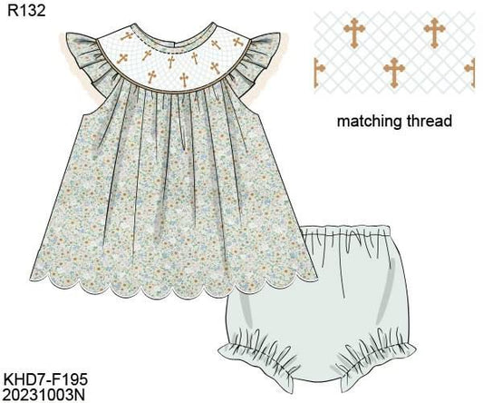 Pre Order 116: Geometric Smock Crosses- Girls Diaper Set