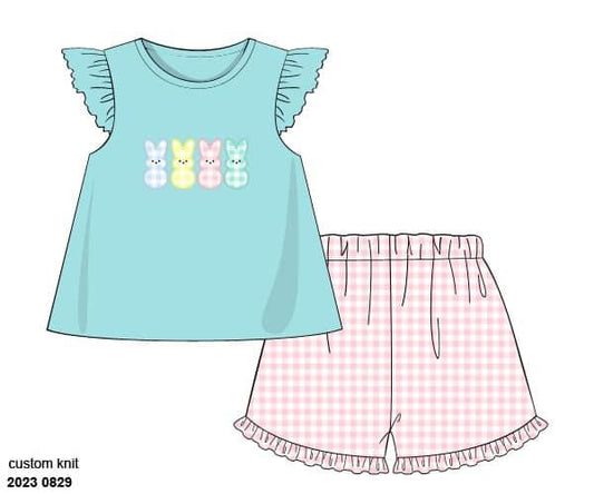 Pre Order 116: Appliqué Peeps- Girls Knit Short Set