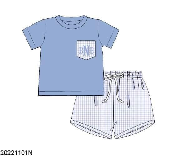 Pre Order 116: Azure Floral & Check - Boy Shortie Set